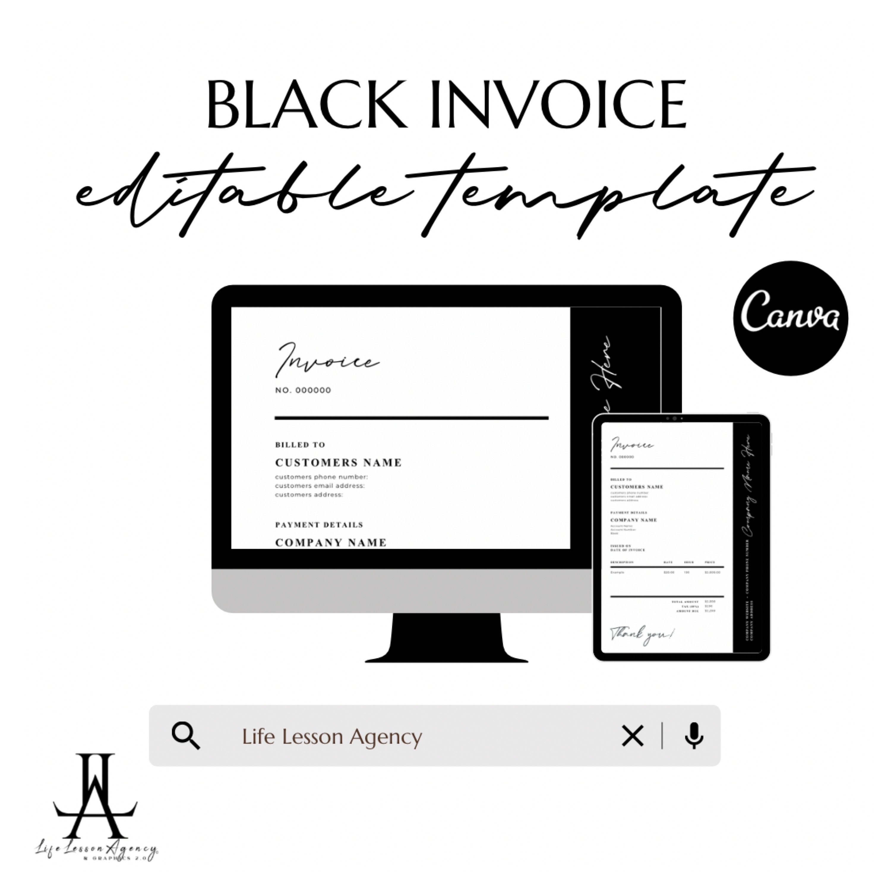 Black Invoice Template, Editable Design in Canva, Printable, DIY,  Customizable, Editable, Instant Download, Branding, Business In Black Invoice Template
