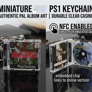 May include: A miniature PS1 keychain featuring authentic PAL album art for Metal Gear Solid in a clear plastic casing. The keychain is NFC enabled to tap and play an emulated game, with an embedded chip that links to an online version of the game.
