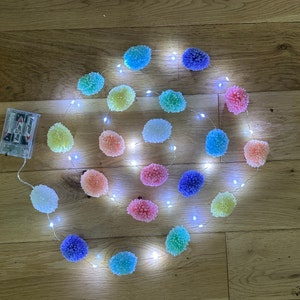 PomPom Fairy String Lights, pompom garland, pastel rainbow, tent decor, playroom decor, home accents, baby shower, kids decor, String lights