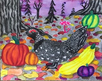 Grouse Drawing, Fall Squash Leaf Painting