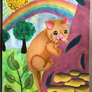 May include: A watercolor painting of a possum climbing a tree with a rainbow and sun in the background. The possum is brown with pink ears and a pink nose. The tree is purple with green leaves. The rainbow is colorful and the sun is yellow with a yellow halo.