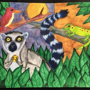 Dipinto di Lemure, Geco e Martin Pescatore, Disegno di Foglia di Luna del Madagascar