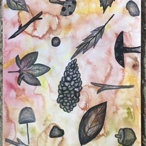 Leaf Mushroom Acorn Drawing, Nature Art