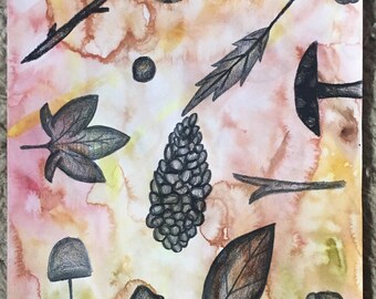 Leaf Mushroom Acorn Drawing, Nature Art