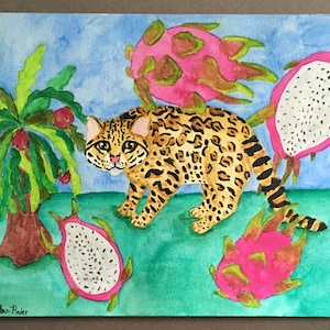 Ocelot Cat Dragon Fruit Cactus Painting