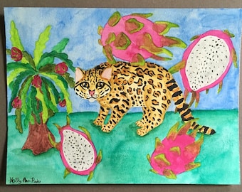 May include: Watercolor painting of a small wild cat with brown and black spots standing in a field of pink and green dragon fruit. The cat is looking to the left of the image. The painting is signed "Holly Ann-Pinder" in the bottom left corner.