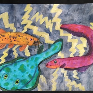 May include: Watercolor painting of three fish on a dark gray background with gold lightning bolts. The fish are a blue and green electric ray, a pink and purple eel, and an orange and brown catfish.