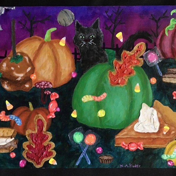 Peinture de dessert de bonbons d'Halloween, art d'automne de citrouille de chat noir