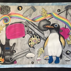 May include: A colorful drawing of a penguin wearing blue boots, a rainbow, a toaster, a guitar, and other objects on a gray background.