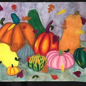 May include: Watercolour painting of various gourds and pumpkins in shades of orange, yellow, green, and pink. The gourds and pumpkins are arranged with falling autumn leaves against a muted background.