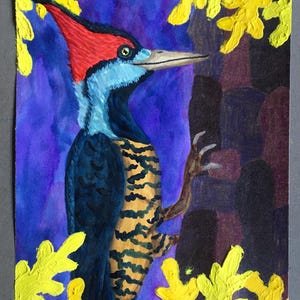 Woodpecker Leaf Painting, Autumn Tree Bark Painting