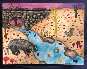 Dibujo de ardilla tejón, imagen de puente de piedra