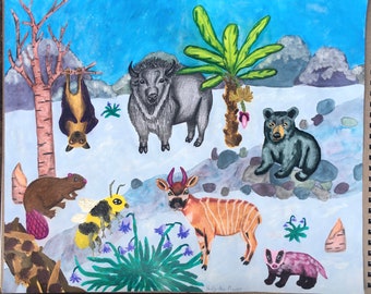 Bear Badger Painting, Buffalo Bat Drawing, Bluebell Banana Tree Picture