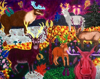 Deer Caribou Elk Moose Painting, Canadian Winter Autumn Picture