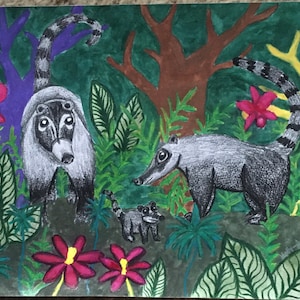 Coati Drawing, Rainforest Landscape Plant Painting