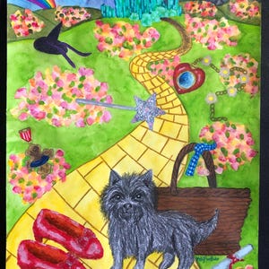 Puede incluir: Una pintura de acuarela de un camino de ladrillos amarillos que conduce a la Ciudad Esmeralda. El camino está bordeado de flores rosas y un perro negro está de pie en el camino. Hay zapatillas de rubí, una cesta, una varita, una estrella y un corazón con una cadena en el camino.