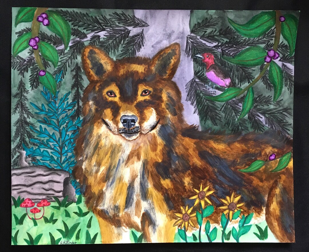 Coyote-wolf Painting, Woodpecker Drawing, Forest Tree Art - Main Image