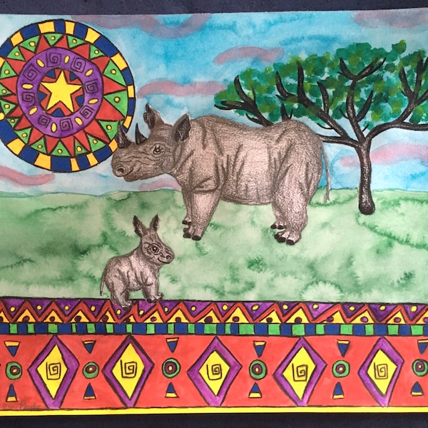 Rhinoceros Drawing, African Design Art