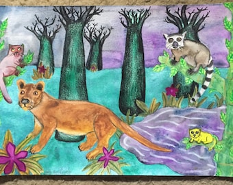 Lemur Drawing, Fossa Painting, Madagascar Nature Art Picture