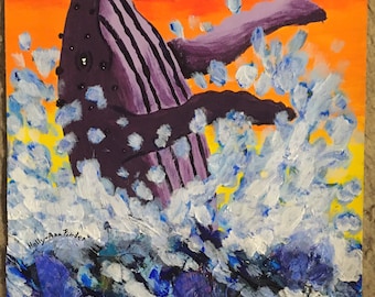 Pintura del océano de ballenas, arte acuático al atardecer