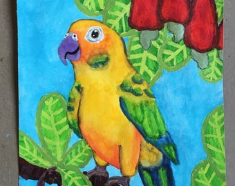 Parrot Painting, Cashew Plant Botanical Drawing, Jungle Art