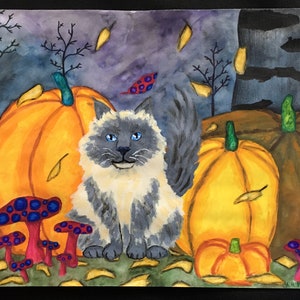 Ragdoll Cat Pumpkin Painting, Autumn Leaf Mushroom Art