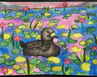 Duck Drawing, Pond Water Lily Painting