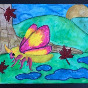 May include: Watercolor painting of a colorful moth with pink and yellow wings, set against a backdrop of green hills, a blue sky, and a golden sun. Red maple leaves and blue puddles add detail to the landscape. Signed "H.A.R.P."
