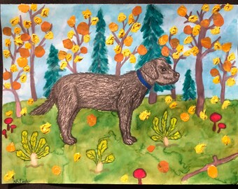 Dibujo de perro labrador, pintura de árbol con hojas de otoño, imagen artística de rábano