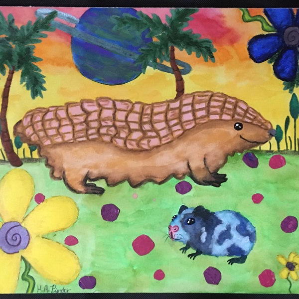 Pink Fairy Armadillo Painting, Guinea Pig Planet Art