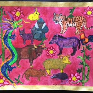 Tiger Horse Dragon Painting, Ox Rooster Drawing, Chinese Zodiac Animal Art