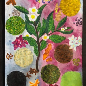 May include: A watercolor painting of a tea plant with white flowers and green leaves. The plant is surrounded by various spices and ingredients, including cinnamon sticks, star anise, turmeric, ginger, black peppercorns, and dried tea leaves. The background is a pink and blue gradient.