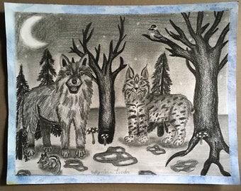 Wolf Bobcat Chipmunk Drawing, Canadian Wildlife Art