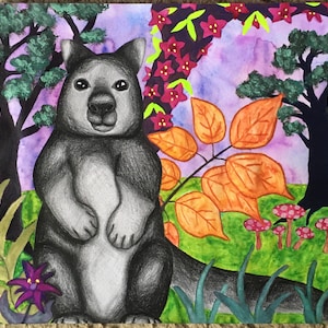 May include: A watercolor painting of a gray and black possum standing in a forest setting. The possum is surrounded by green and orange leaves, purple flowers, and red mushrooms.
