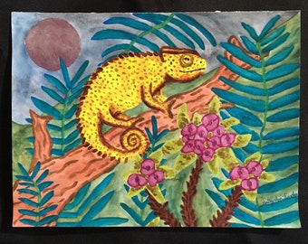 Chameleon Painting, Crown of Thorns Flower Art Picture