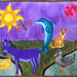 Disegno di un delfino e di un'anatra, dipinto di una libellula e di un asino, arte del sole e della luna