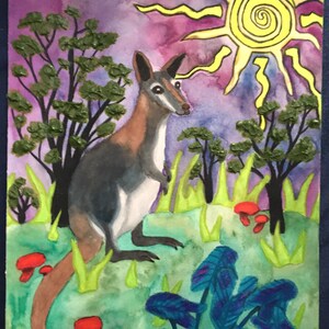 May include: Watercolor painting of a kangaroo standing in a field with a purple sky, a yellow sun, and blue and red flowers. The painting is signed "Holly Anna Linder".