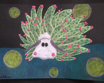 May include: A white sea slug with a green and pink cactus-like growth on its back. The slug is surrounded by green and purple circles on a dark blue background.