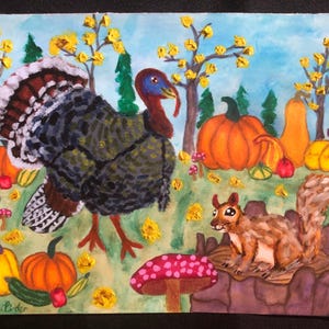May include: Watercolor painting of a fall scene with a turkey, squirrel, pumpkins, and mushrooms. The turkey has a blue head and a fanned tail. Pumpkins are orange and yellow. The squirrel is brown and sits on a log. The background features trees and a blue sky.