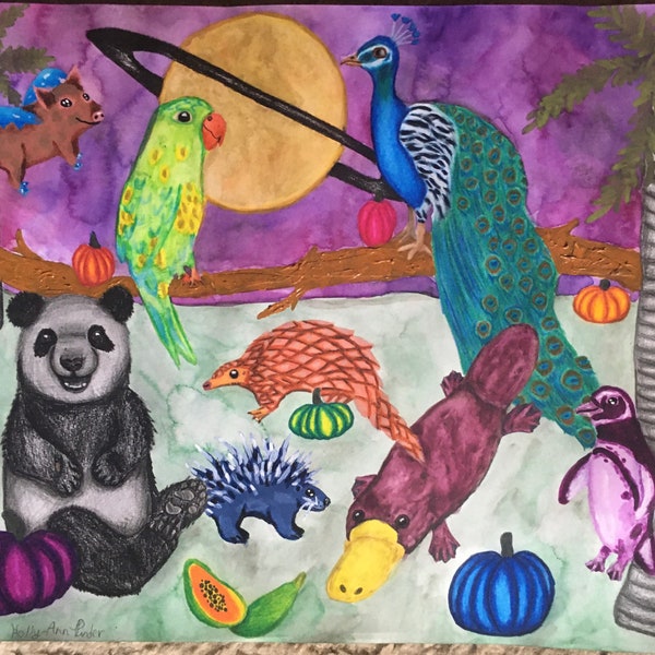 Parrot Pig Playpus Painting, Panda Peacock Drawing, Planet Art