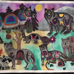 Beaver, Otter, Bear, Caribou, Racoon Drawing, First Nations Art, Canadian Wildlife Picture