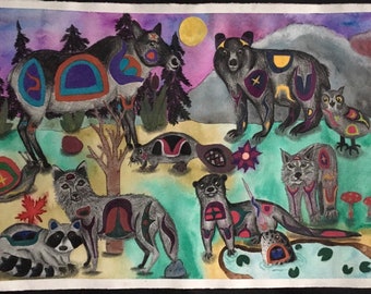 Bever, otter, beer, kariboe, wasbeertekening, First Nations Art, Canadian Wildlife Picture