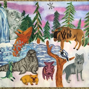 May include: A watercolor painting of a winter scene with a variety of animals, including a walrus, a wolf, a bison, a kangaroo, a wombat, a hippopotamus, and a whale. The animals are surrounded by snow-covered trees and a waterfall.