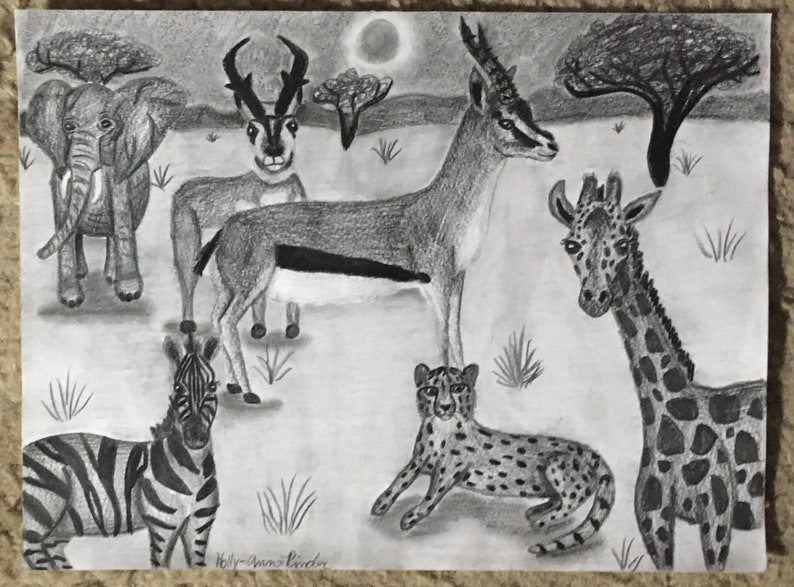 May include: A black and white pencil drawing of a variety of animals in a savanna setting. The animals include an elephant, a zebra, a giraffe, a cheetah, and two antelope. The drawing is done in a realistic style.