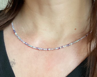 Gemstone Necklace Choker Beads Pearl, Purple Flourite, 925 Sterling Silver Clasp, Stone Necklace Gift, Pearl Necklace Purple/Grey