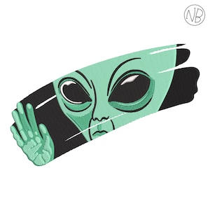 May include: A green alien with large eyes and a hand raised in a wave, peeking out from behind a black background.