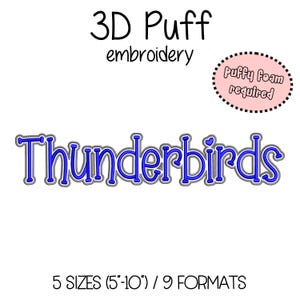 Thunderbirds Embroidery 3D Puff Foam - 5 sizes (5&quot;-10&quot; in width) High School Mascot - Instant Download - Digital Machine Embroidery Pattern