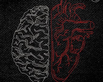 Brain and Heart Embroidery Design 6 sizes (3&quot;-8&quot;) Line Art Embroidery - Instant Download - Digital Machine Embroidery Pattern