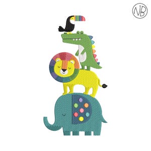 May include: A whimsical embroidered design featuring a stack of cartoon animals. A teal elephant supports a yellow lion, a green alligator, and a toucan with a rainbow beak. The design is perfect for children's apparel or nursery decor.