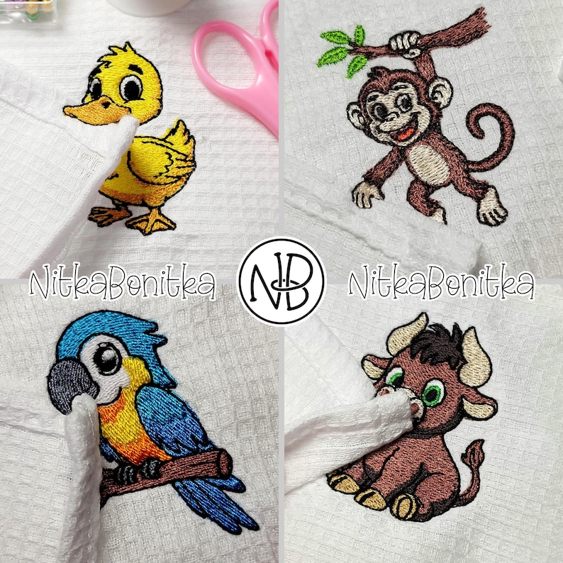 May include: Embroidered white fabric featuring four animal designs: a yellow duckling, a brown monkey hanging from a branch, a blue and yellow parrot, and a brown bull. The brand name "NitkaBonitka" is also visible.